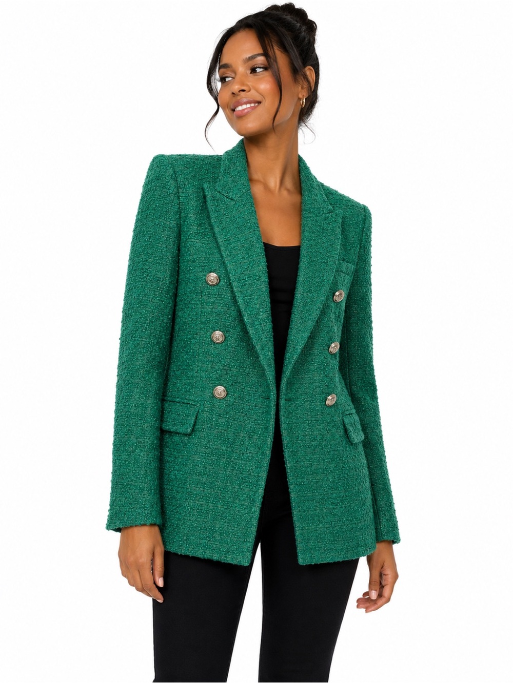 Zara Emerald Green Double-Breasted Bouclé Blazer